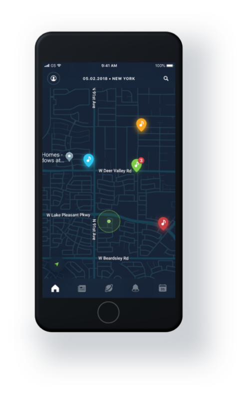 This is a picture of a smartphone showing the live music app. It shows a real-time map with a number of events that a fan can connect with.